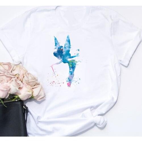 Women Graphic Tees Summer Short Sleeve Casual White T-shirts Girls Ladies Harajuku Disney Princess Tinker Bell Print Female Tops