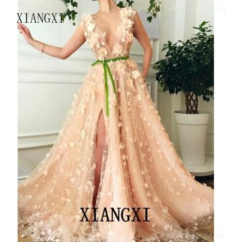 Robe formelle rose fête 2020 fleurs dentelle Sexy robe de bal haute fente col en v islamique dubaï saoudien arabe robes longues