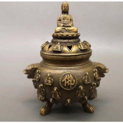 Chinese Old copper handcrafted Guanyin Buddha incense burner Xuande Year
