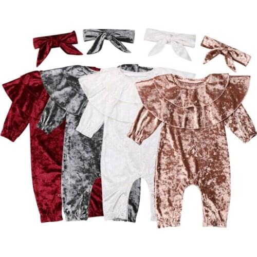 2019 Infant Baby Girl Boy Velvet Long Sleeve Lotus leaf collar Romper Jumpsuit+Headband 2pcs Clothes Outfits
