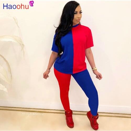 HAOOHU Two Piece Set Women Tracksuit Summer Clother Splice Top and Bodycon Pants Sweat Suits Lounge Wear Outfits Matching Sets
