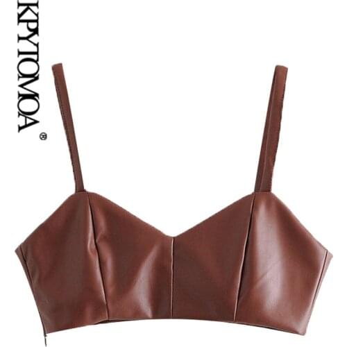 KPYTOMOA Women 2020 Sexy Fashion Faux Leather Cropped Tank Top Vintage Backless Side Zipper Thin Straps Female Camis Chic Tops