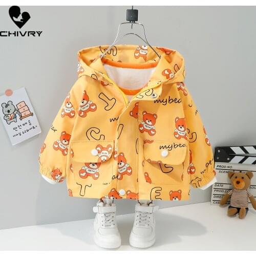 New 2021 Autumn Baby Boys Girls Coat Kids Windbreaker Outerwear Fashion Hooded Cute Cartoon Bear Print Zipper Jackets Clothing