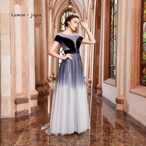 Lemon joyce Elegant Prom Dresses Long 2020 Short Sleeves Contrast Color Simple Party Evening Gowns Plus Size