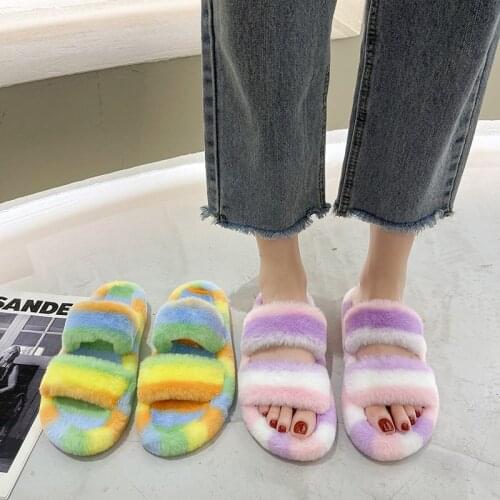 Furry Slippers Fur Slides For Women Faux Fur Sliders Indoor Shoes Woman Strap Shoes Female Casual Home Flat Winter Footwear
