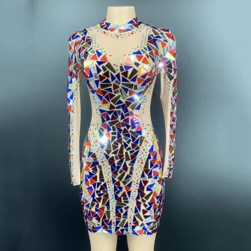 Flashing Multi-color Rhinestones Mirror Transparent short Dress Birthday Celebrate Outfit Women Stage Dancer Sequin Dresses DT1