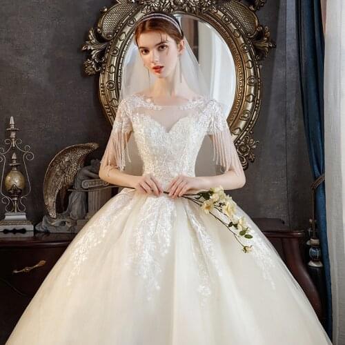 Fashion simple Embroidery Lace Wedding Dress 2020 Vestido De Noiva Elegant O-neck Tassels Pearls Bridal Gown Robe De Mariee G76