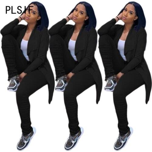 New Style Black Color Pant Set 2 Pieces Cardigan Top And Long Pant Suit Ladies Simple Tracksuits