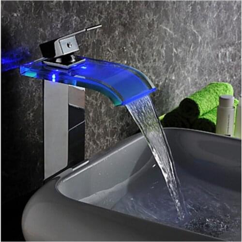 Single factory direct supply led light basin faucet waterfall faucet copper plating