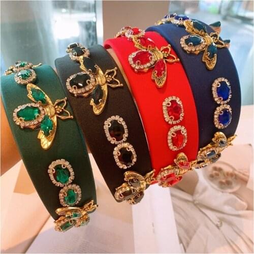 2021 Vintage Baroque Big Coloed Rhinestone Headband Hairband for Women Girls Metal Beads Flower Head Hair Accessories