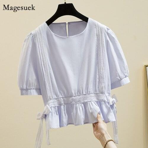 Simple O Neck White Blouses with Lace Loose Shirt 4XL Plus Size Summer Women Blouse Sweet Ladies Tops Puff Sleeve Clothing 14838
