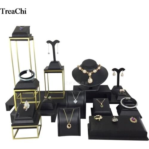 Luxury Soft Black PU Necklace Ring Earring Stud Display Holder Stand Stainless Steel Jewelry Window Counter Showcase Wholesale