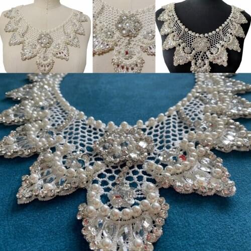 Handsewing silver glass rhinestones on ivory lace trim patches trim applique Round collar for dress clothes accessory