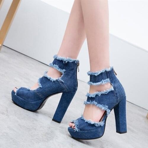 Spring Summer Women Jeans Sandals Girls Shoes Denim Ankle Strap High Heels Platform Ankle Boots Sexy Female Peep Toe Blue Sandal