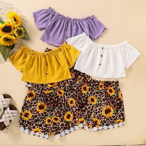 FOCUSNORM 2-7Y Summer Lovely Infant Kids Girls Clothes Sets 2pcs Off Shoulder Solid T Shirts Tops Sunflowers Leopard Shorts