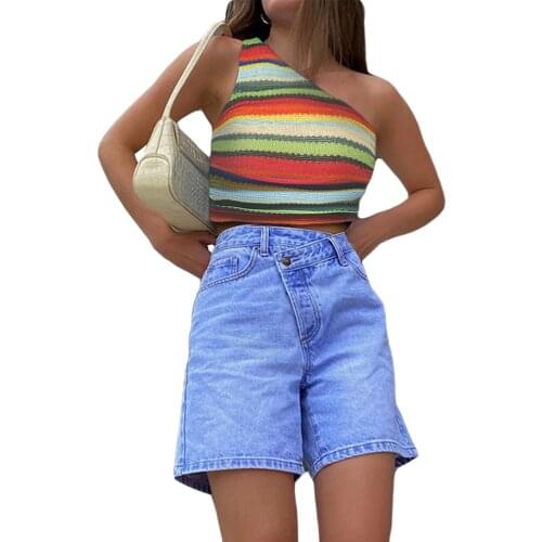 Womens One Shoulder Tank Tops,Female Sexy Sleeveless Striped Color Block Ruched Shirt Tops