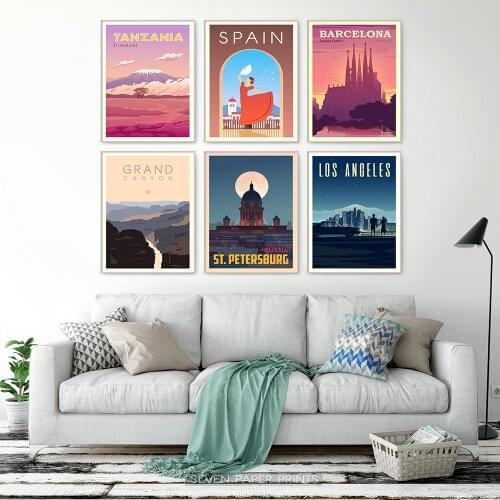 Nordic Vintage Travel Cities Poster Spain Quebec Tanzania Venice New ZeaLand Landscape Art Canvas Painting Wall Pictures Home