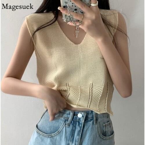 Summer Sleeveless Knitted Shirt Woman Blusas Mujer De Moda 2021 V Neck Sexy Hollow Out Tops Solid Women Blouses Clothing 14679