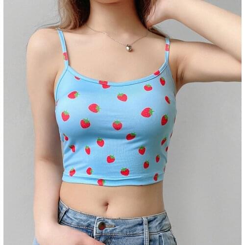 Sexy Camis Women Spaghetti Strap Sleeveless Strawberry printed O neck Crop Top Camis Summer Holiday Picnic wear Tops Tee
