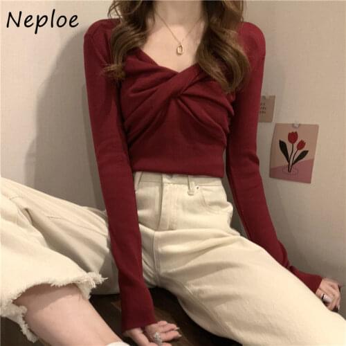 Neploe Special Criss-cross Design Sense Knitted Pullover Women Autumn Winter New V-neck Bottoming Sweater Female Slim Tops Mujer