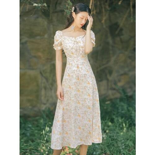 Summer New Ins Womens Retro French Square Neck Chiffon Short-Sleeved Bow Tie Floral Fairy Dress Bohemian Travel Long Dress