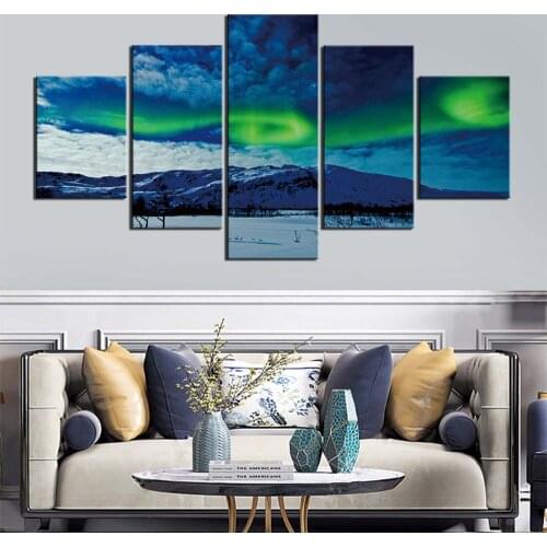 Aurora Lakes Mountain Northern Lights Nature 5 Pieces Living Room Home Art Decor Wall Decoration Canvas Posters