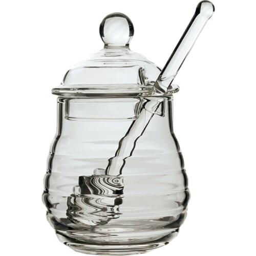 NEW 250ml Honey Jar with Dipper and Lid Transparent Glass Honey Container Honey Pot for Home Kitchen Supplies