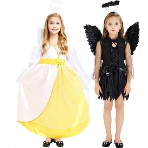 White Black Girl Angel Wings Halo Ring Princess Cosplay Children Party Carnival Halloween Costume For Kids Christmas
