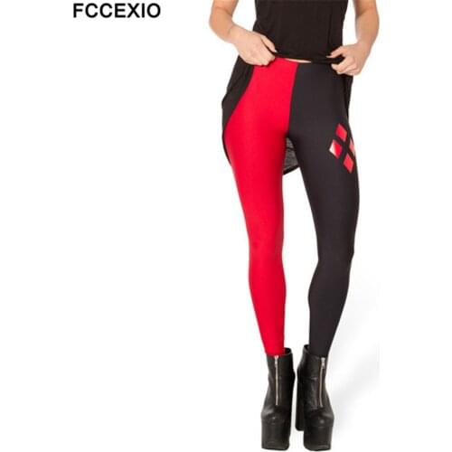 FCCEXIO Black and Red Patchwork Printing Print Sexy Leggings Plus Size Fitness Leggins Workout Female Summer Women Pants