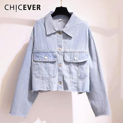 CHICEVER Casual Blue Denim Jacket For Women Lapel Long Sleeve Patchwork Pockets Short Loose Jackets Female 2021 Spring Style New