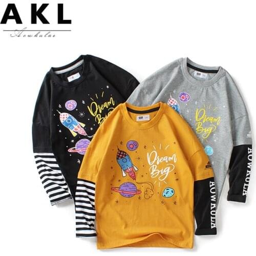 Teen Boys Long Sleeve T Shirt Spring Autumn New Big Childrens Fashion Fake Two Tops Casual Loose Boys Cotton Print Tee Shirts