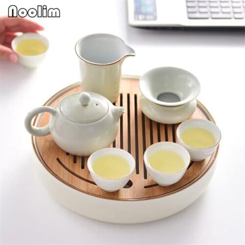 Ceramic Round Tea Tray Chinese Handmade Storage Holder Japanese Style Wooden Crafts Teahouse Table Teapot Tray Ornaments