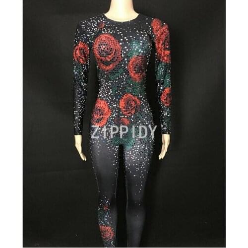 Jumpsuit Evening Party Stretch Rhinestones Costume Stage Wear Rhinestone Celebrate Bodysuit 3 Colors Multicolor Rose Flowers