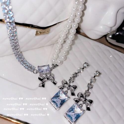 2021 New Arrival Luxury 925 Sterling Silver Necklace Earrings Set White Zircon Pearil Engagement Wedding Trend Retro Jewelry Set