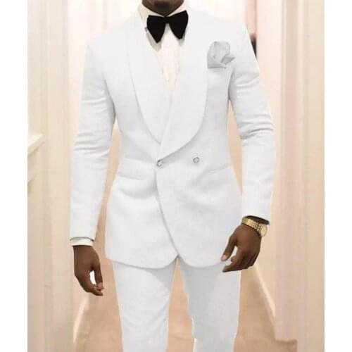 Handsome Shawl Lapel White Double Breasted Men Suits Groomsmen Tuxedos Best Man Wedding Suit Mens Formal Prom Wear Jacket+Pants