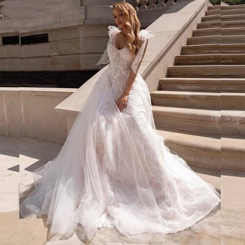 Off Shoulder Full Lace Wedding Dresses Sweetheart A Line Beach Appliques Bow Straps Illusion Boho Princess Wedding Party Gowns