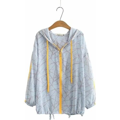 Plus Size 2XL-4XL Hooded Jackets Long Sleeved Chiffon Printed Sun-protection Tops Lightweight Jackets