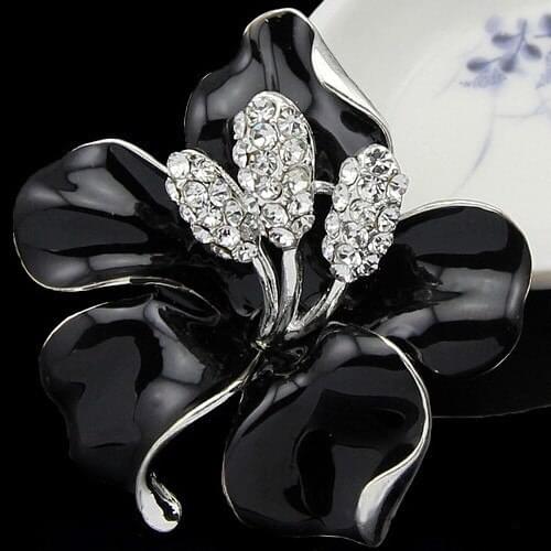 Hot Selling Silver Plated Fashin Women Clothes Pins Luxurious Black Color Enamel Flower Brooch Girls Crystals Jewelry