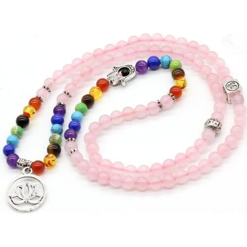 Trendy-beads Silver Plated Lotus Flower Connect 6 mm Rose Pink Quartz Round Beads 3D Symbol Bracelet Fatima Palm Jewelry