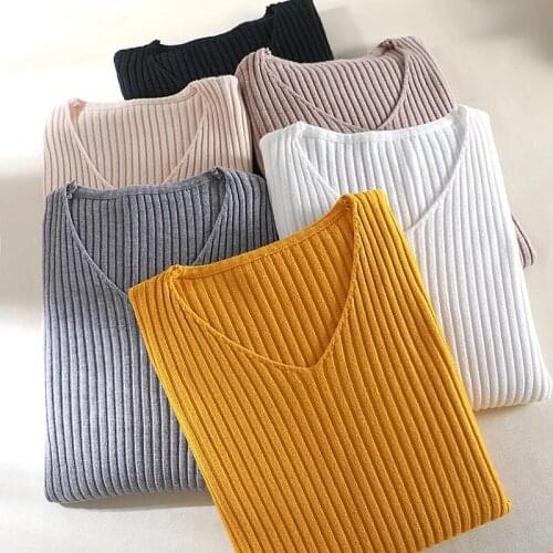 Fashion V Neck Solid Sweaters Women Autumn Winter Basic Pullover Female Knitted Jumper Elastic Slim Long Sleeve Badycon Sweaters