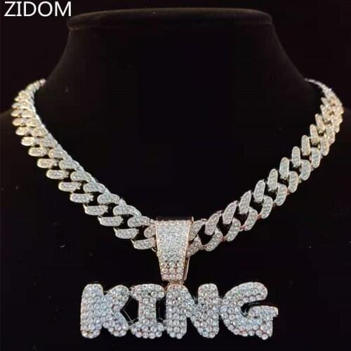 Men Hip Hop KING Letters Pendant Necklace with 13mm Miami Cuban Chain Iced Out Bling HipHop Necklaces Male Charm Jewelry