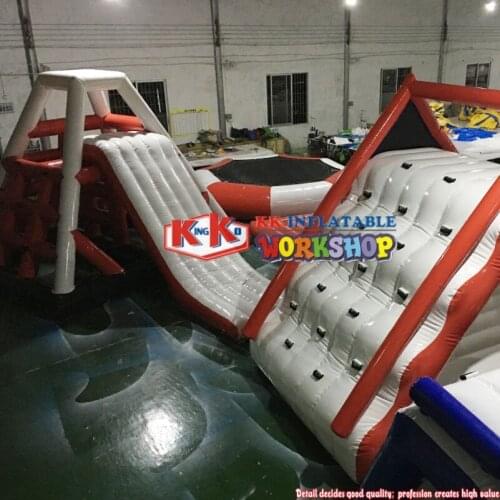 Inflatable Floating Water Slide With Climbing Wall Water Floating Trampoline Bed Game Park
