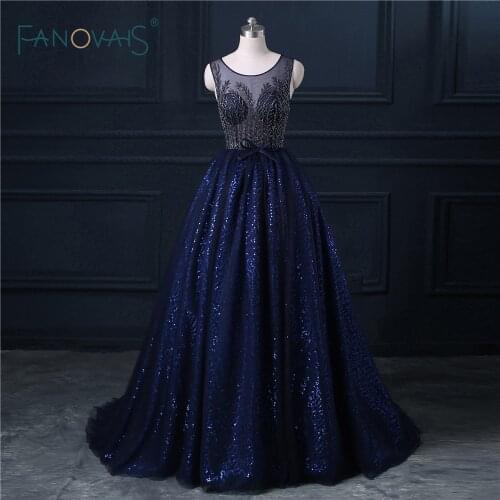Real Image Navy Blue See Through Shining Sequin Beading Evening Dress New Arrival Formal Dress vestido longo para festa ASAE03