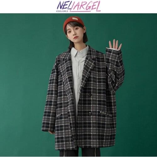 NELLARGEL Women Harajuku Japanese Streetwear Plaid Jackets 2021 Winter Windbreaker Bomber Jacket Girl Causal Baggy Jackets Coats