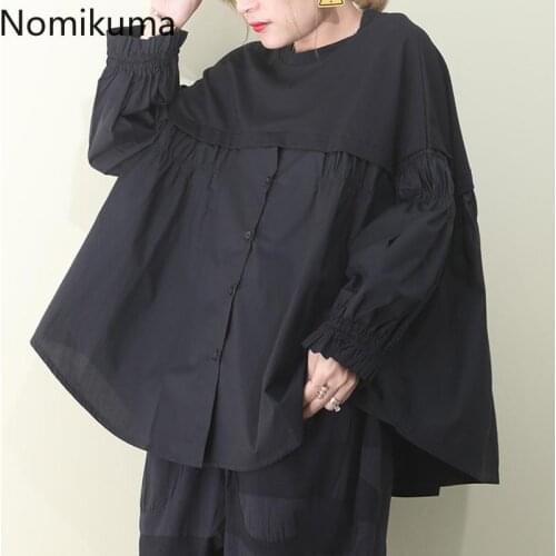 Nomikuma Korean Patchwork Women Blouses Causal Long Sleeve O-neck Oversized Shirt 2021 New Buttons Pullover Blusas Top 6E427
