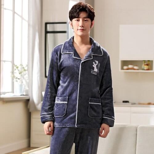 Newest Mens Soft Pajamas Set Autumn Winter Warm Flannel Thicken Male Pajamas Sets Long Sleeve Sleepwear Top +Pant Pyjamas