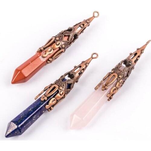 Wholesale 2021 fashion Hot Sale Assorted Natural Stone Pink Quartzs Pendants Point Charms hexagonal pillar pendant Free shipping