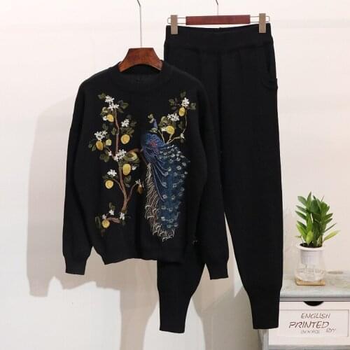 Casual Black Sports Knitted Tracksuit Women Embroidery Flower Sweater Pants Two Piece Set Female Loose Fashion Knitting Suit 2pc
