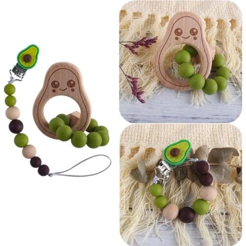 BPA Free Silicone Beads Baby Pacifier Chain Beech Wooden Avocado Bracelet Teether Nipple Dummy Clip Holder Teething Molar Toys