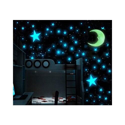 Noctilucent Wall Stickers Deep Blue Star Yellow Moon Wall Decoration Plastic Star Fluorescent Stickers Kids Room Decoration
